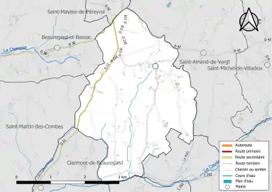 Carte en couleur présentant le réseau hydrographique de la commune