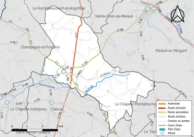 Carte en couleur présentant le réseau hydrographique de la commune