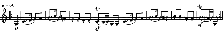 
 \version "2.18.2"
 \relative c' {
    \key c \major 
    \time 2/4
    \omit Staff.TimeSignature
    \tempo 4 = 60
    \set Score.currentBarNumber = #27
    \bar ".|:" \partial 8 g8 \p   c8. (d16 e8) fis
     g8. (a16 g8) f!-.
     e-. e-. d-. d-.
     c8. \trill \sf (b32 c) g8 g
    c8. (d16 e8) fis
    g8. (a16 g8) gis-.
    a-. a-. fis-. fis-.
    g8. \trill \sf (fis32 g) g,8
     \bar ":|."
 }
