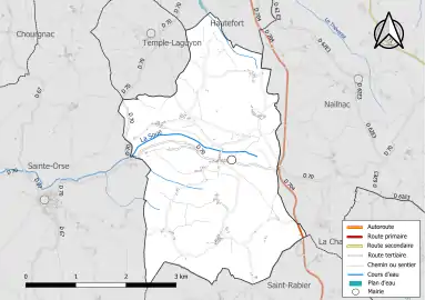 Carte en couleur présentant le réseau hydrographique de la commune