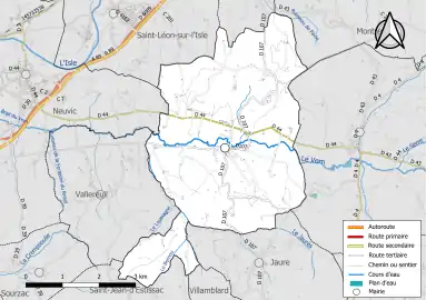 Carte en couleur présentant le réseau hydrographique de la commune