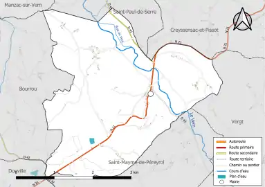 Carte en couleur présentant le réseau hydrographique de la commune