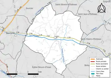 Carte en couleur présentant le réseau hydrographique de la commune