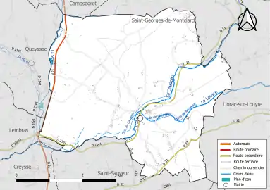 Carte en couleur présentant le réseau hydrographique de la commune