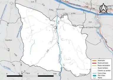 Carte en couleur présentant le réseau hydrographique de la commune