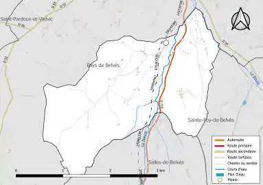 Carte en couleur présentant le réseau hydrographique de la commune