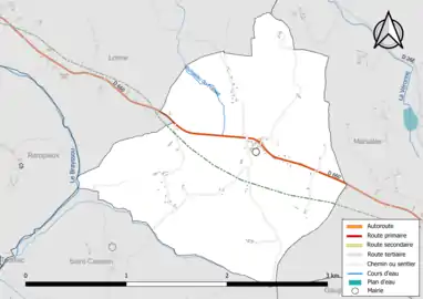 Carte en couleur présentant le réseau hydrographique de la commune