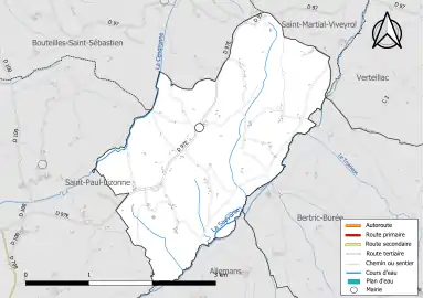 Carte en couleur présentant le réseau hydrographique de la commune