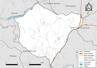 Carte en couleur présentant le réseau hydrographique de la commune