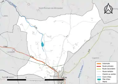 Carte en couleur présentant le réseau hydrographique de la commune