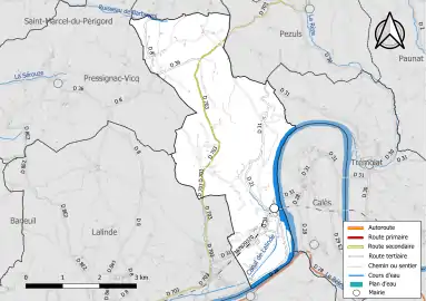 Carte en couleur présentant le réseau hydrographique de la commune