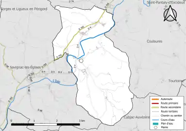 Carte en couleur présentant le réseau hydrographique de la commune