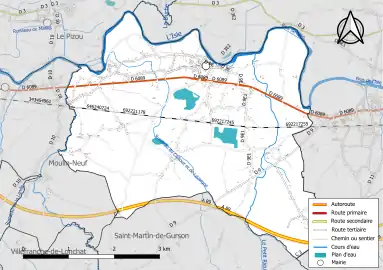 Carte en couleur présentant le réseau hydrographique de la commune