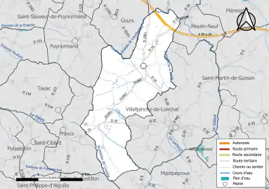 Carte en couleur présentant le réseau hydrographique de la commune