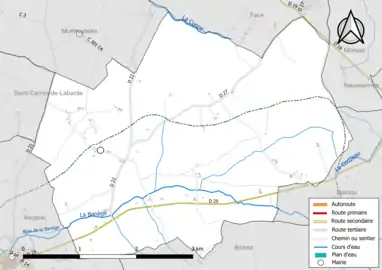 Carte en couleur présentant le réseau hydrographique de la commune