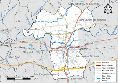 Carte en couleur présentant le réseau hydrographique de la commune