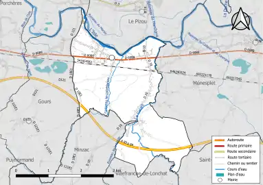 Carte en couleur présentant le réseau hydrographique de la commune