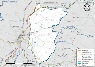 Carte en couleur présentant le réseau hydrographique de la commune