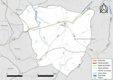 Carte en couleur présentant le réseau hydrographique de la commune