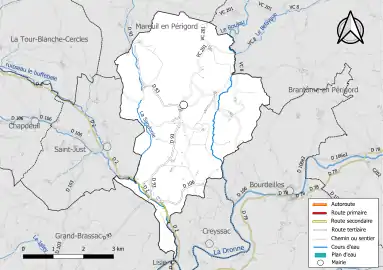 Carte en couleur présentant le réseau hydrographique de la commune