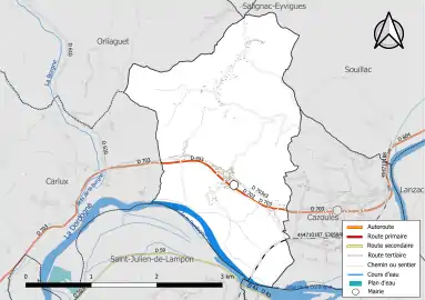 Carte en couleur présentant le réseau hydrographique de la commune