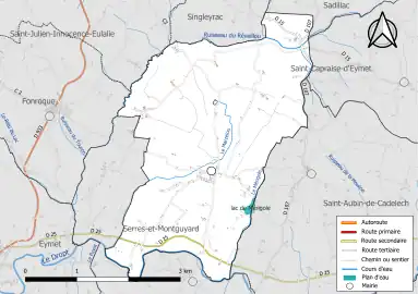 Carte en couleur présentant le réseau hydrographique de la commune