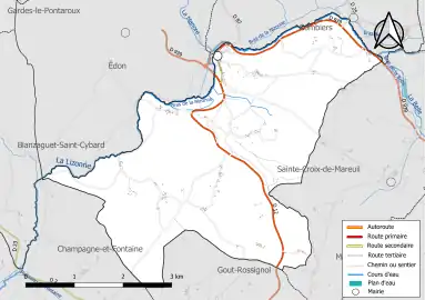 Carte en couleur présentant le réseau hydrographique de la commune