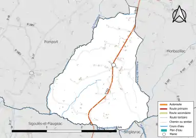 Carte en couleur présentant le réseau hydrographique de la commune