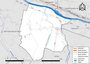 Carte en couleur présentant le réseau hydrographique de la commune