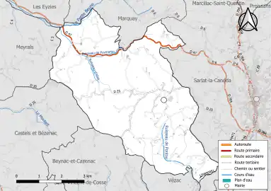 Carte en couleur présentant le réseau hydrographique de la commune