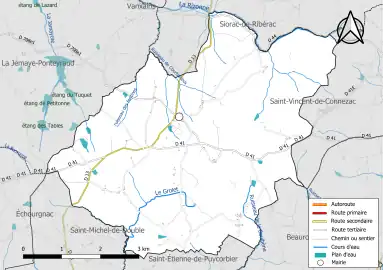 Carte en couleur présentant le réseau hydrographique de la commune