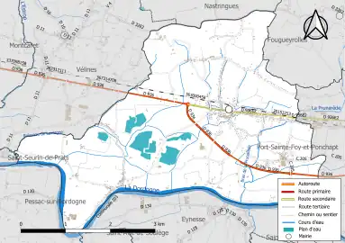 Carte en couleur présentant le réseau hydrographique de la commune