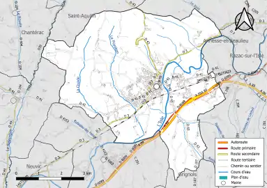 Carte en couleur présentant le réseau hydrographique de la commune