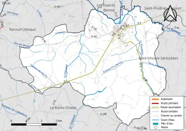 Carte en couleur présentant le réseau hydrographique de la commune