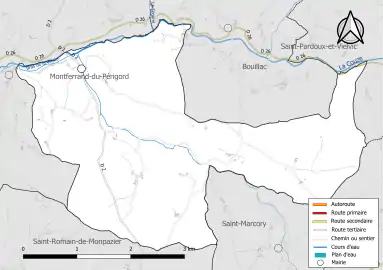 Carte en couleur présentant le réseau hydrographique de la commune