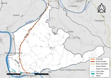 Carte en couleur présentant le réseau hydrographique de la commune