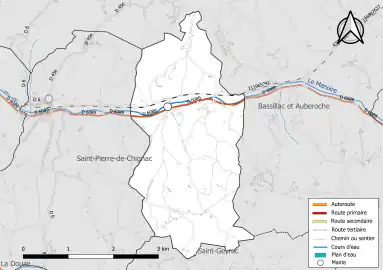 Carte en couleur présentant le réseau hydrographique de la commune