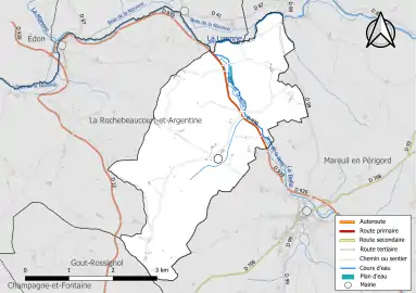 Carte en couleur présentant le réseau hydrographique de la commune