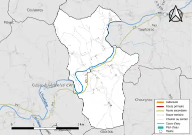 Carte en couleur présentant le réseau hydrographique de la commune