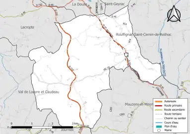 Carte en couleur présentant le réseau hydrographique de la commune