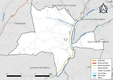 Carte en couleur présentant le réseau hydrographique de la commune