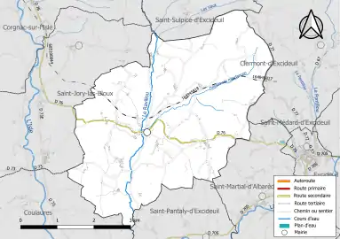 Carte en couleur présentant le réseau hydrographique de la commune