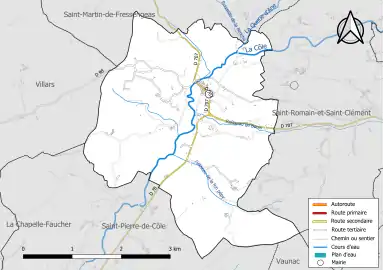 Carte en couleur présentant le réseau hydrographique de la commune