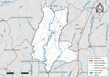 Carte en couleur présentant le réseau hydrographique de la commune