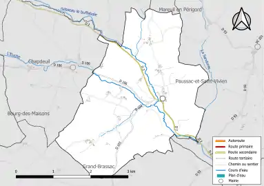 Carte en couleur présentant le réseau hydrographique de la commune