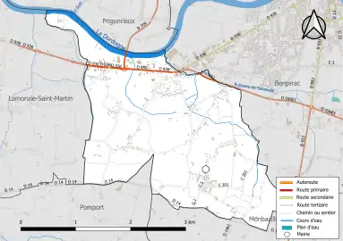 Carte en couleur présentant le réseau hydrographique de la commune