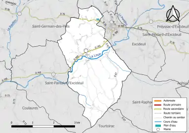 Carte en couleur présentant le réseau hydrographique de la commune