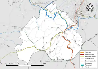 Carte en couleur présentant le réseau hydrographique de la commune