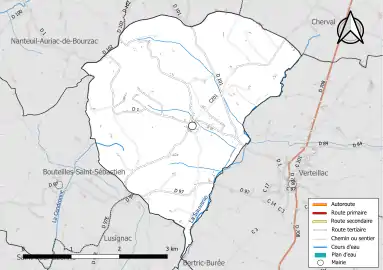 Carte en couleur présentant le réseau hydrographique de la commune