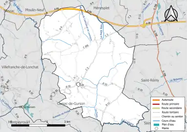 Carte en couleur présentant le réseau hydrographique de la commune